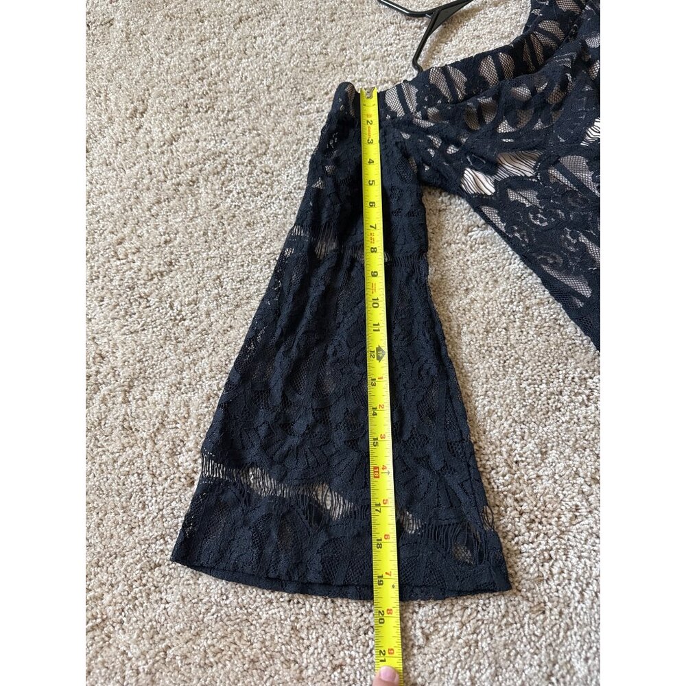 Crystal Doll Black Lace Bell Sleeve Mini Dress Nude Lining Boat Neck Womens M - Picture 9 of 11